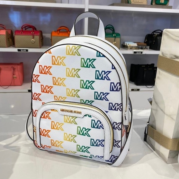 Michael Kors Backpack Jaycee Medium Jet Set MK Signature Rainbow Optic White NWT - Picture 2 of 12